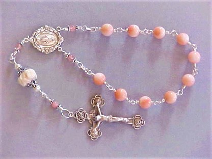 Handmade sterling silver wire wrapped single decade rosary with angelskin coral and rose cameo