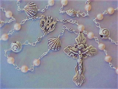 handmade freshwater pearl rosary with fish and shell beads