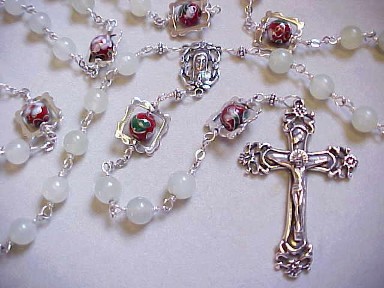 handmade sterling silver wire wrapped rosary with celery jade, cloisonné and hand cast crucifix and center