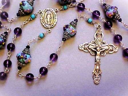 Amethyst & Lampworked Glass Sterling silver wire wrapped rosary