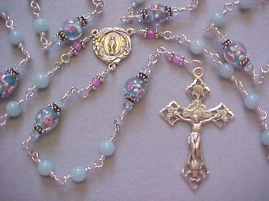 Semiprecious Amazonite gemstone rosary with floral glass beads, all sterling silver construction, crucifix and medal