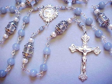 handmade sterling silver wire wrapped rosary with angelite gemstone, rock crystal gemstone and button pearls 