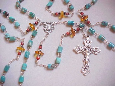 handmade sterling silver rosary with turquoise, amber and red coral