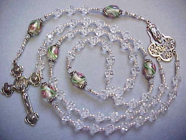 Sterling Silver Our Lady of Guadalupe rosary with Swarovski crystal, lampworked glass and hand cast sterling silver Our Lady of Guadalupe center and 4 Roses crucifix