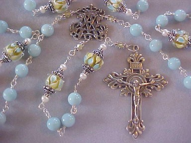 handmade sterling silver wire wrapped rosary with amazonite gemstone, lampwork glass drums and hand cast crucifix and center