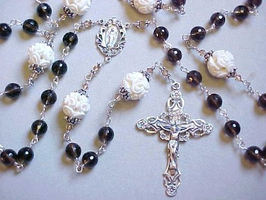 Smoky Quartz gemstone rosary with carved bone our Fathers, all sterling wire wrapped construction, ornate sterling silver crucifix and center medal