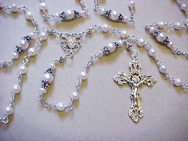 handmade girls first communion rosary wire wrapped in sterling silver with white freshwater pearls