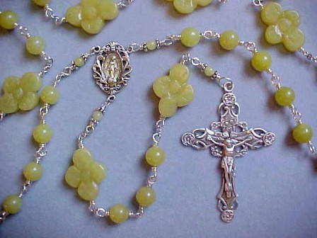 Sterling Silver wire wrapped Peridot Jade with hand carved Our Fathers Rosary