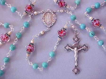 Handmade wire wrapped Sterling Silver Rosary with genuine Turquoise and Lampworked Glass