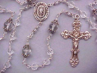 handmade sterling silver wire wrapped rock crystal gemstone rosary with deluxe sterling silver crucifix and center