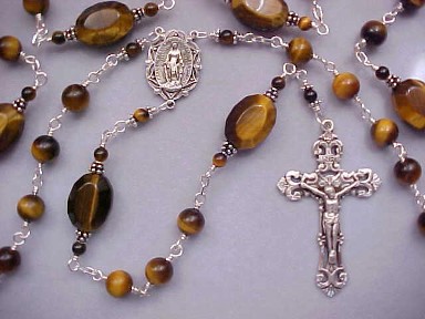 Sterling wire wrapped tiger eye gemstone rosary with large oval our Fathers, all sterling silver wire wrapped construction, sterling crucifix and center