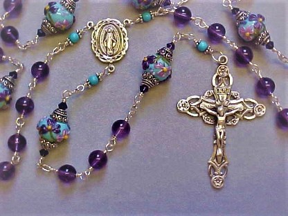 unbreakable sterling silver wire wrapped genuine amethyst and grace lampwork rosary