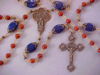 bronze wire wrapped rosary with red jasper and lapis lazuli
