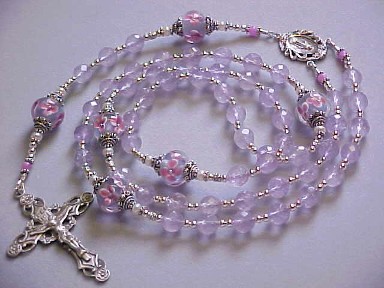 handmade rosary with cape amethyst, lampworked glass and deluxe sterling silver floral crucifix and center