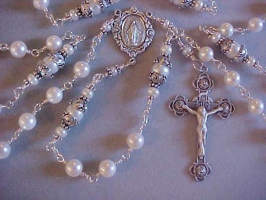 B grade Cultured Pearl Rosary with Bali caps and Roses Crucifix and center