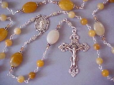 handmade sterling silver wire wrapped rosary with golden jade round beads and golden quartzite oval Our Father beads